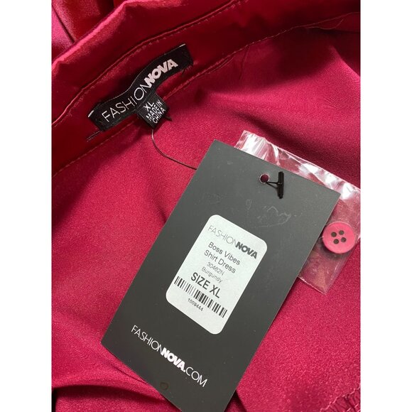 Fashion Nova Burgundy XL‎ Satin Belted Button-Up Shirt Dress Sexy Classic Goth - Picture 6 of 7